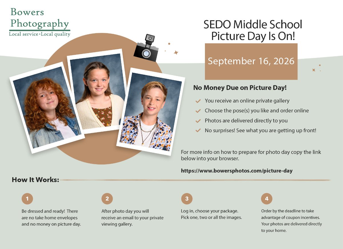 Picture day flyer for middle school September 16, 2026